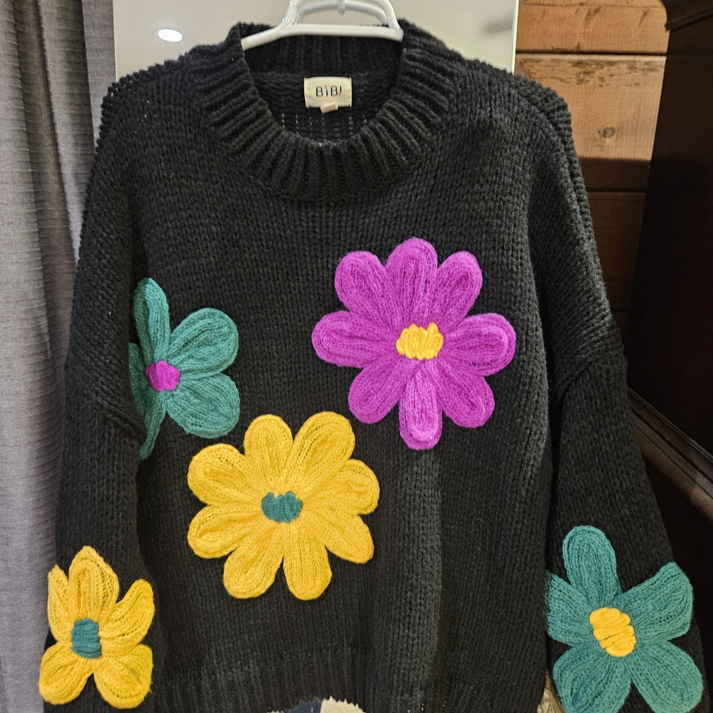 Bibi Black Sweater with Colorful Floral Accents